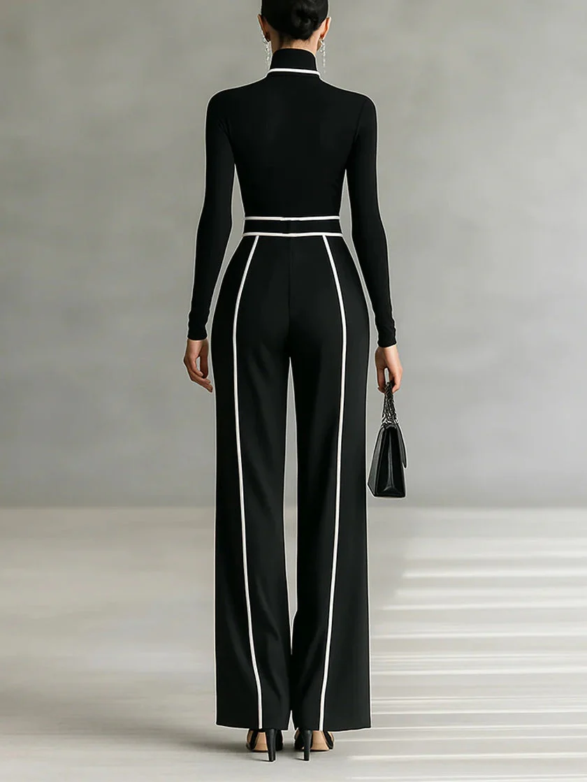 White Trim High-neck Long-sleeved Top With Wide-leg Pants and Belt Set - Image 2
