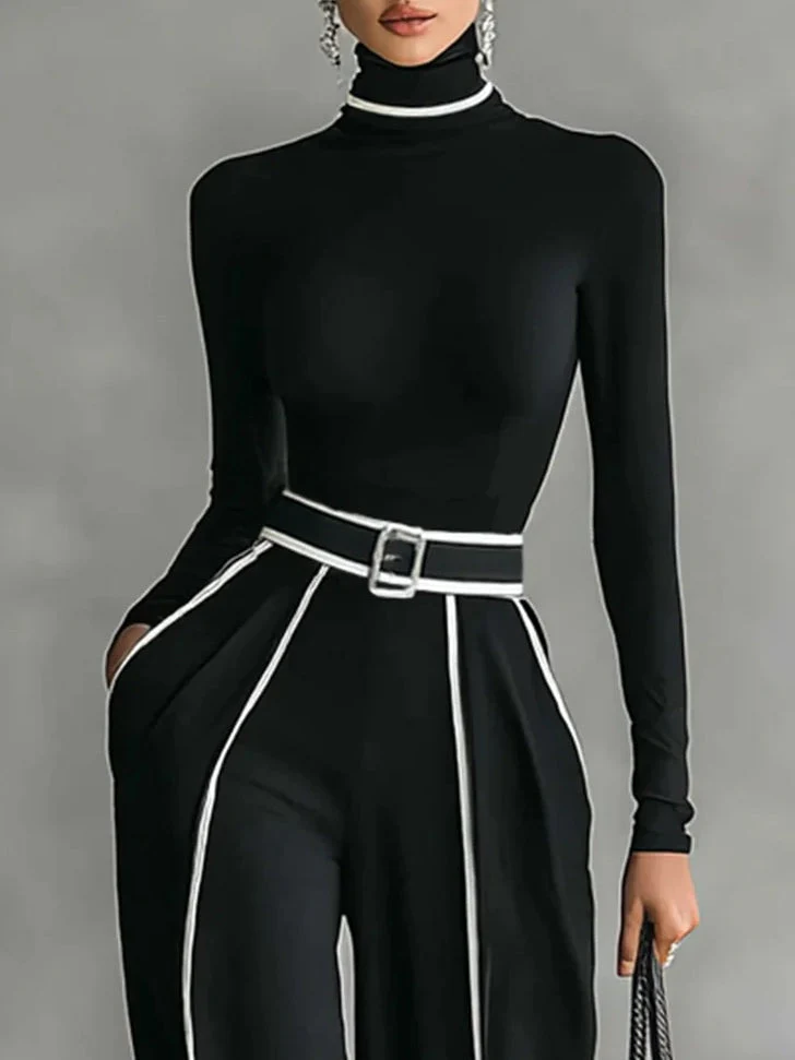 White Trim High-neck Long-sleeved Top With Wide-leg Pants and Belt Set - Image 3