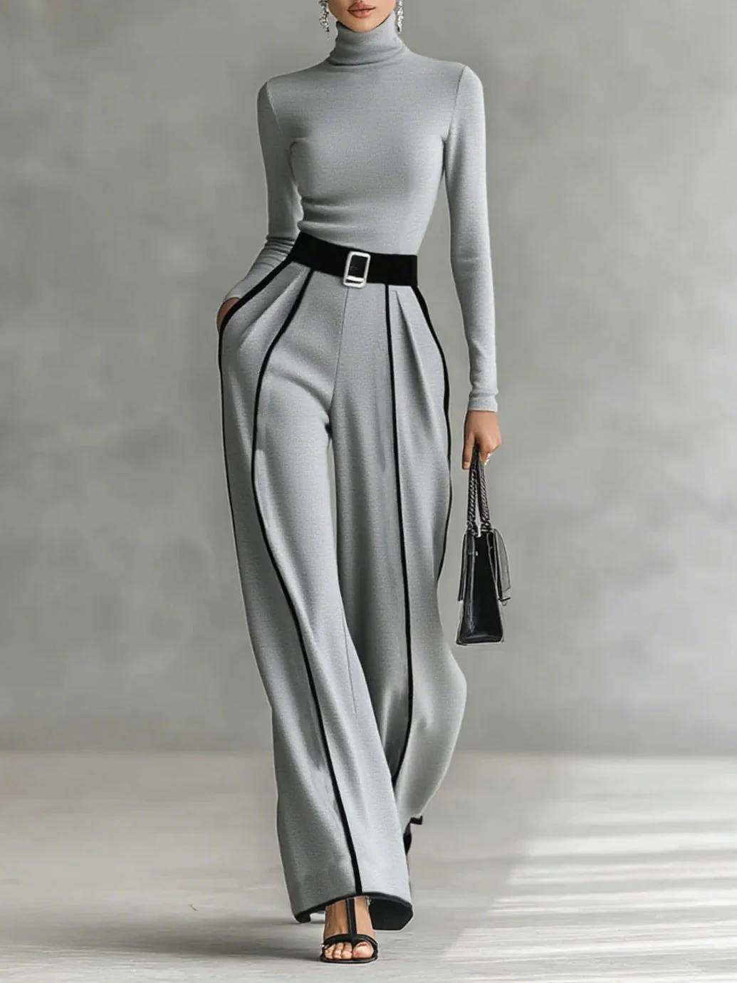 White Trim High-neck Long-sleeved Top With Wide-leg Pants and Belt Set - Image 5
