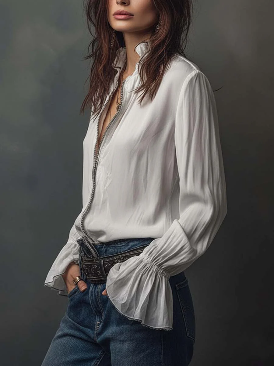 White Zip-Front Blouse With Flounce Cuffs - Image 2