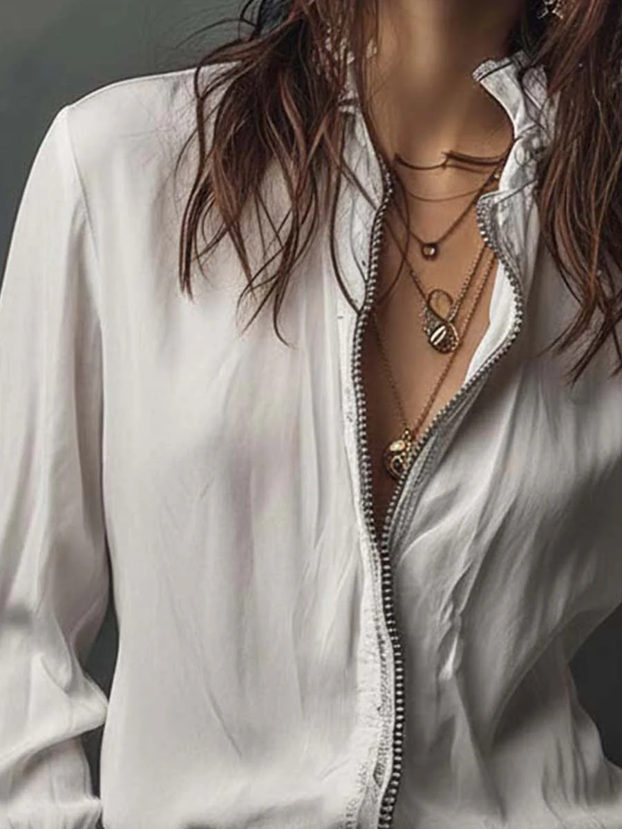 White Zip-Front Blouse With Flounce Cuffs - Image 3