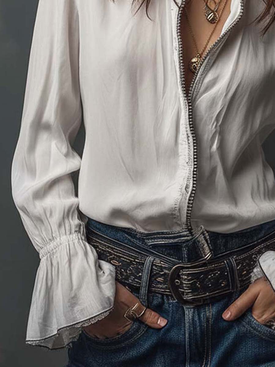 White Zip-Front Blouse With Flounce Cuffs - Image 4