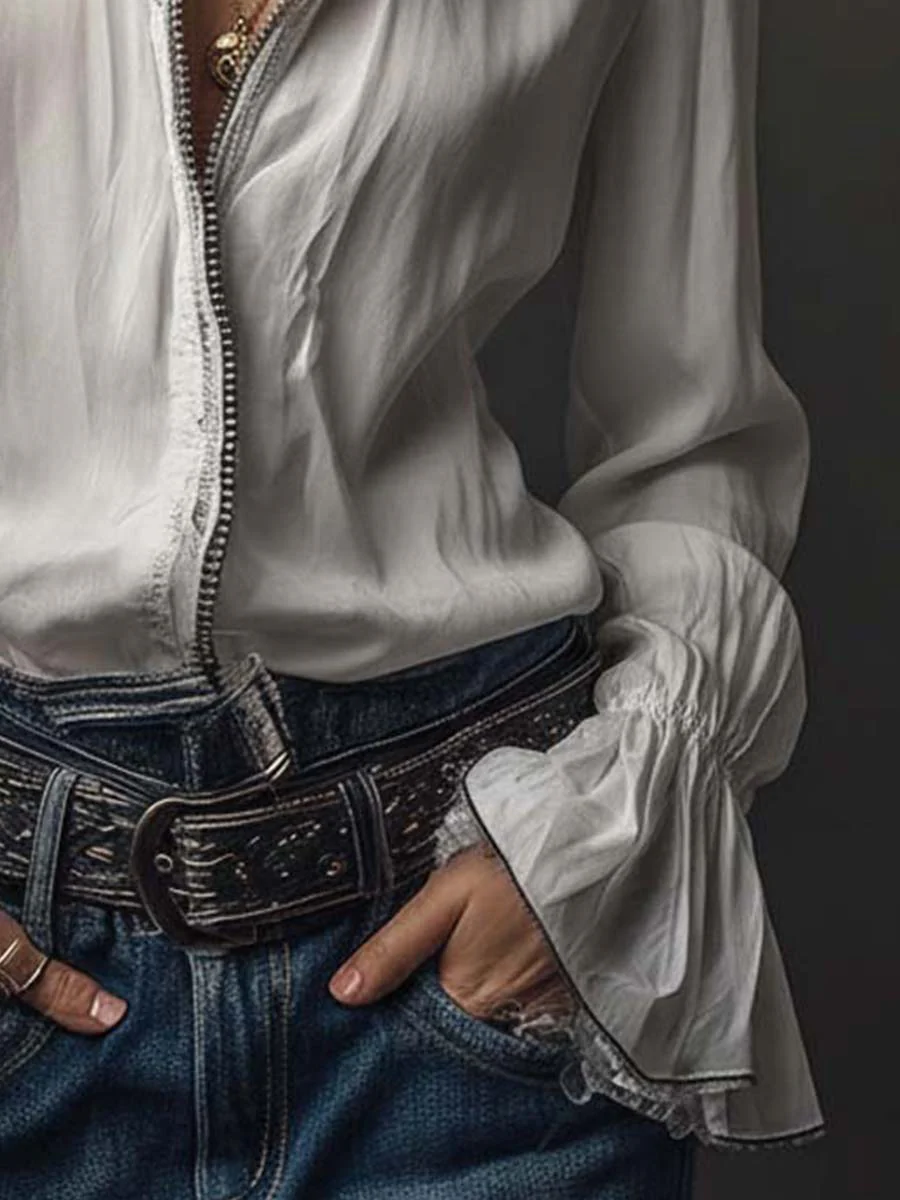 White Zip-Front Blouse With Flounce Cuffs - Image 5