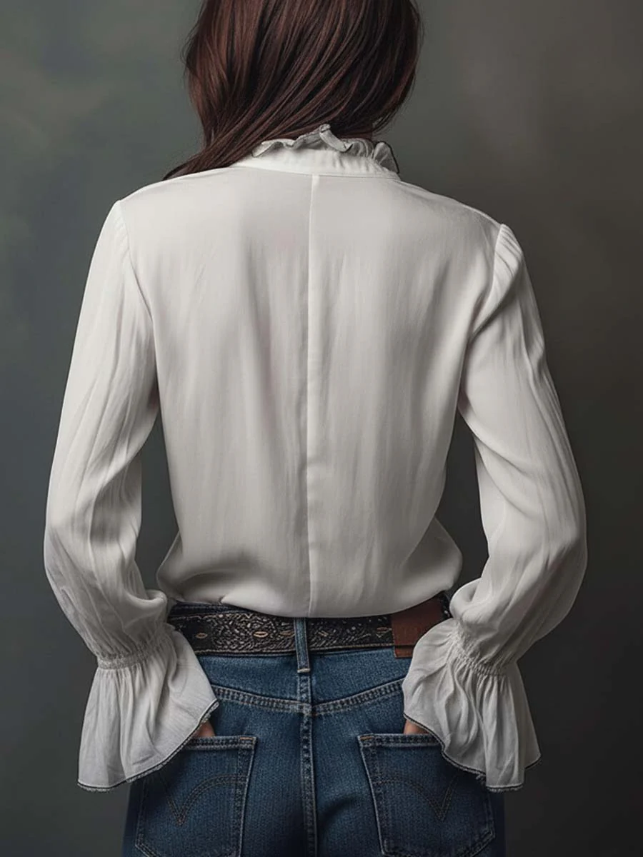 White Zip-Front Blouse With Flounce Cuffs - Image 6