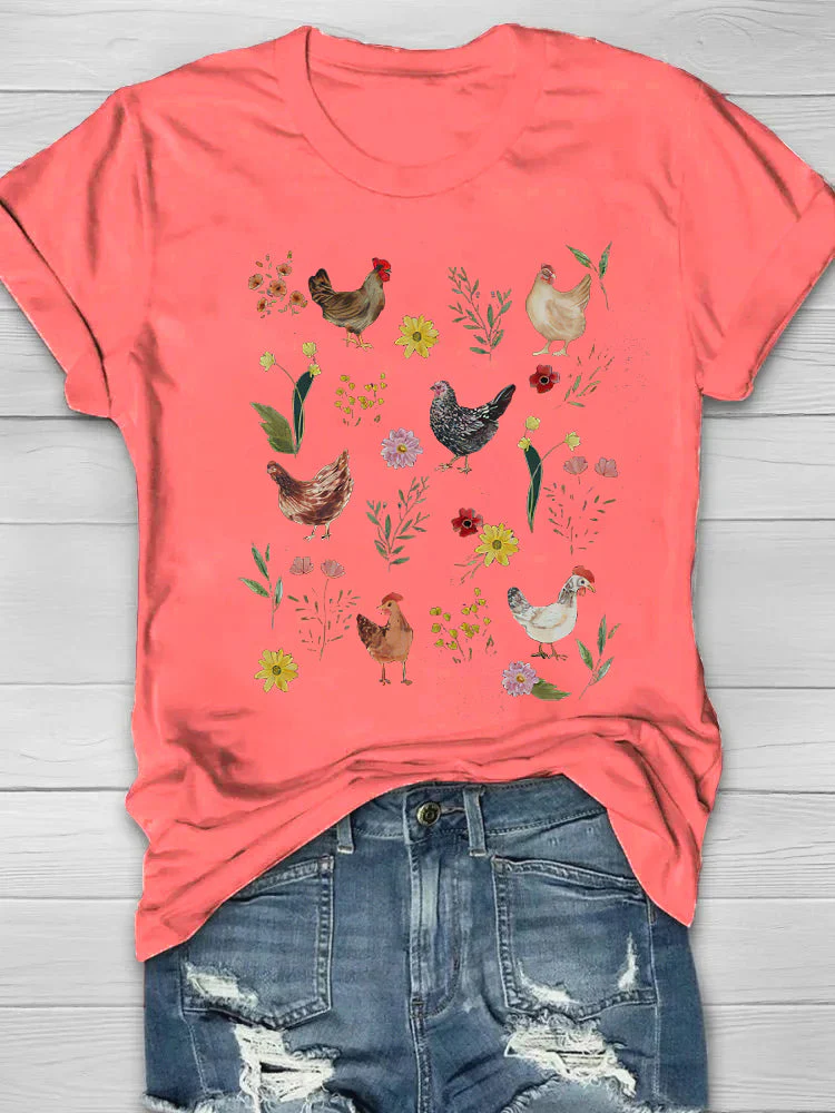 Wild Flower Chicken Printed Crew Neck T-shirt - Image 3