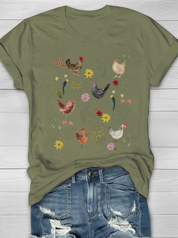 Wild Flower Chicken Printed Crew Neck T-shirt - Image 4