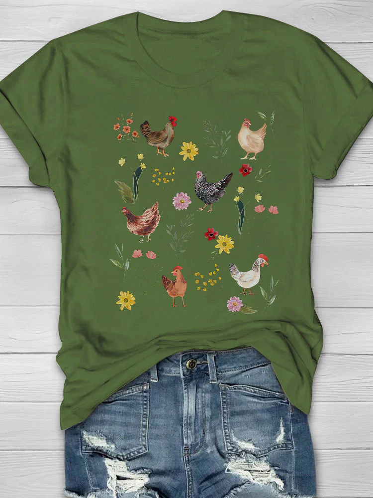 Wild Flower Chicken Printed Crew Neck T-shirt - Image 5