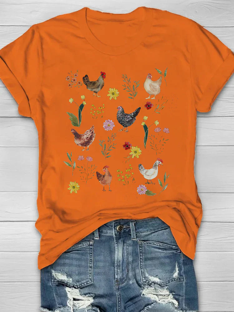 Wild Flower Chicken Printed Crew Neck T-shirt - Image 6