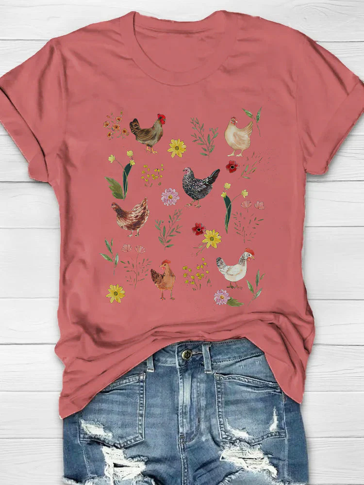 Wild Flower Chicken Printed Crew Neck T-shirt - Image 7