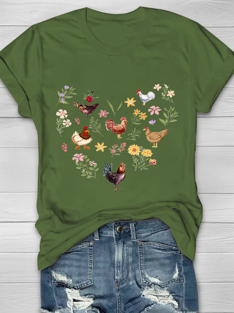 Wild Flowers And Chickens Printed Crew Neck Women's T-shirt - Image 3