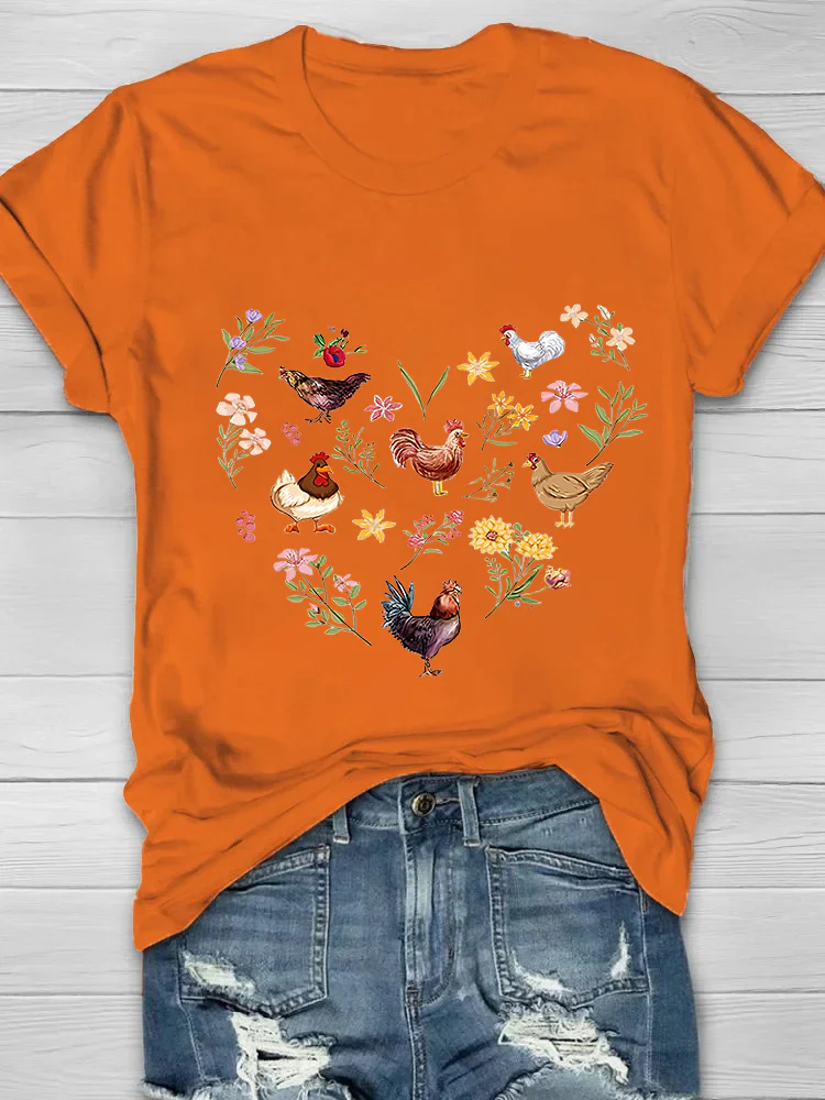 Wild Flowers And Chickens Printed Crew Neck Women's T-shirt - Image 4
