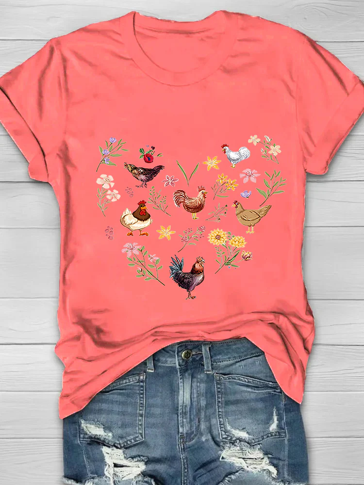 Wild Flowers And Chickens Printed Crew Neck Women's T-shirt - Image 5