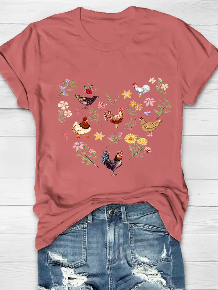 Wild Flowers And Chickens Printed Crew Neck Women's T-shirt - Image 7