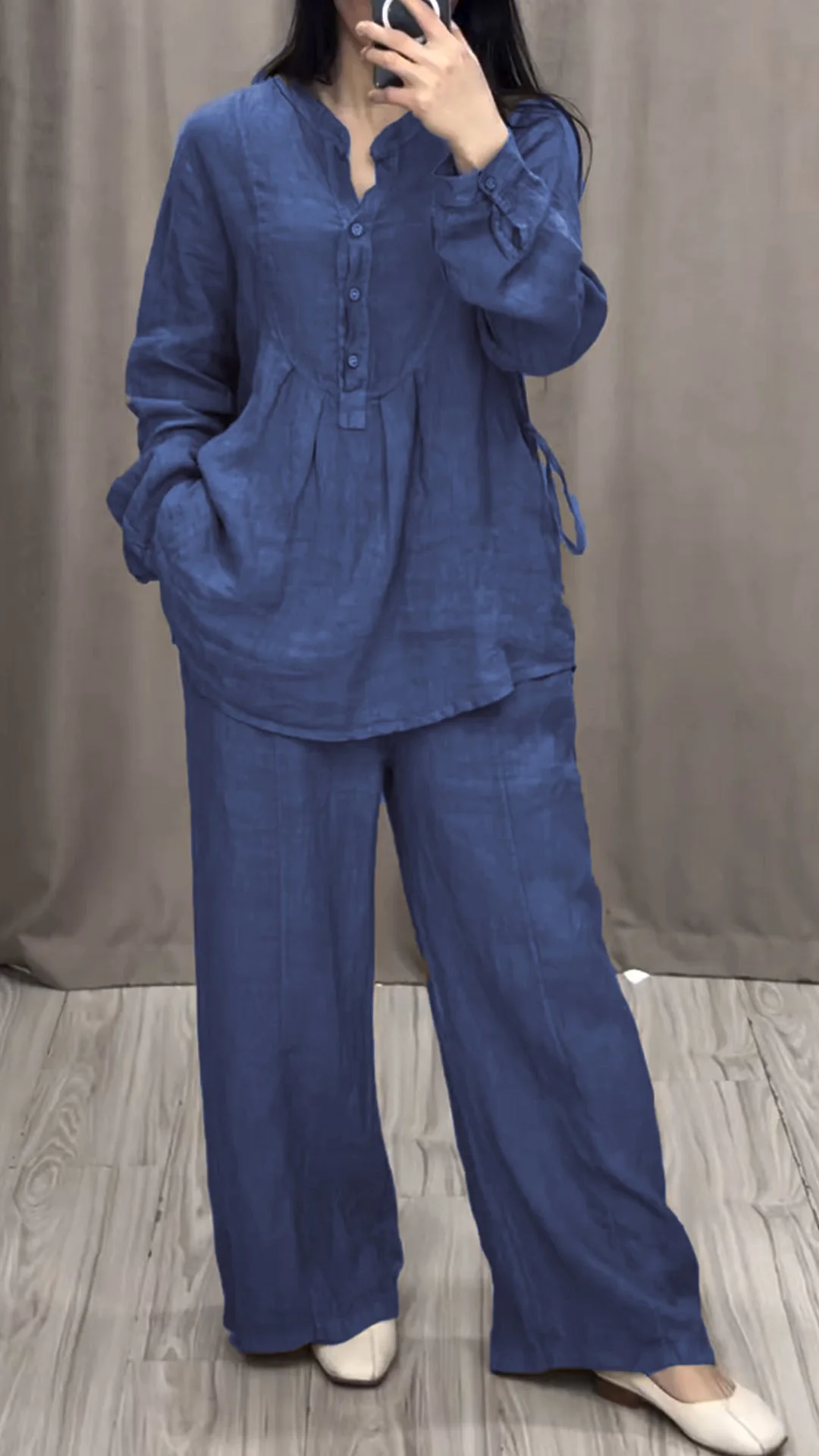 Women Cotton and Linen V-neck Two-piece Suit - Image 7