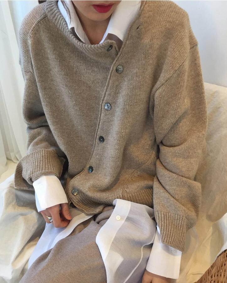 Women Pure Colour Fashion Irregular Knitwear Slanting Buckle Cardigan - Image 3