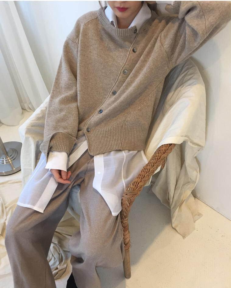 Women Pure Colour Fashion Irregular Knitwear Slanting Buckle Cardigan - Image 4