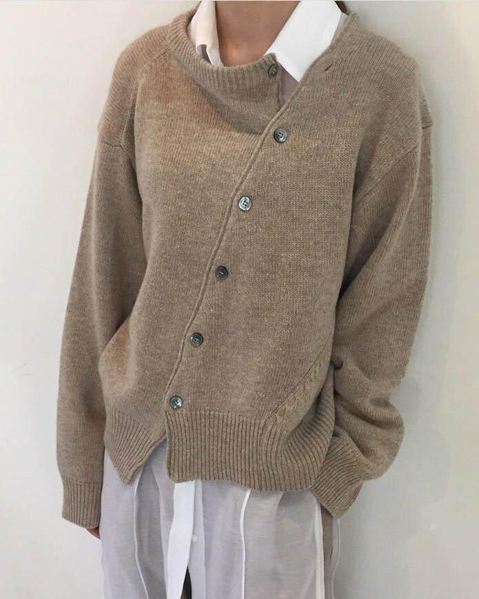 Women Pure Colour Fashion Irregular Knitwear Slanting Buckle Cardigan - Image 9