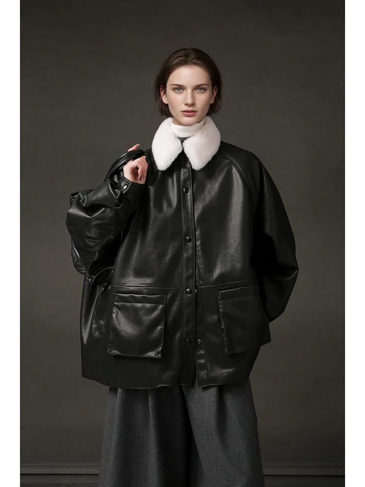 Women’s Biker-Style Shearling Down Jacket – Trendy Short White Goose Down Coat for Winter - Image 2