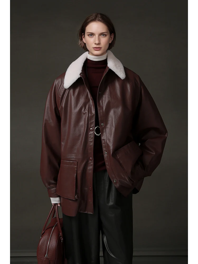 Women’s Biker-Style Shearling Down Jacket – Trendy Short White Goose Down Coat for Winter - Image 3