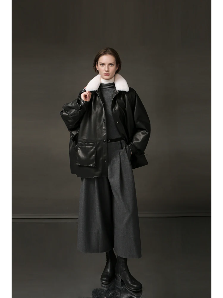 Women’s Biker-Style Shearling Down Jacket – Trendy Short White Goose Down Coat for Winter - Image 4