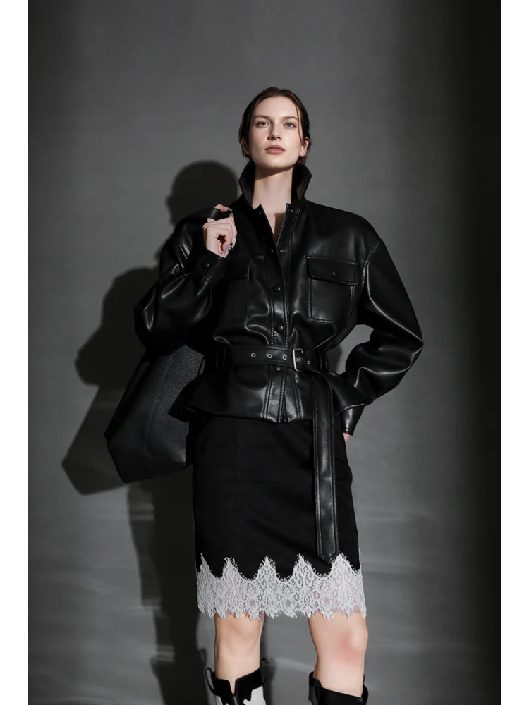 Women’s Cropped Sheepskin Leather Moto Jacket – High-End Belted Designer Biker Outerwear - Image 2