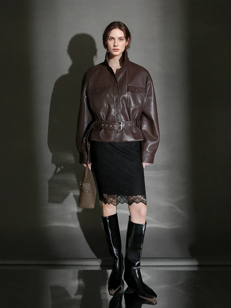 Women’s Cropped Sheepskin Leather Moto Jacket – High-End Belted Designer Biker Outerwear - Image 3