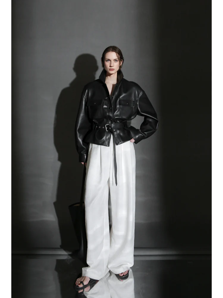 Women’s Cropped Sheepskin Leather Moto Jacket – High-End Belted Designer Biker Outerwear - Image 4