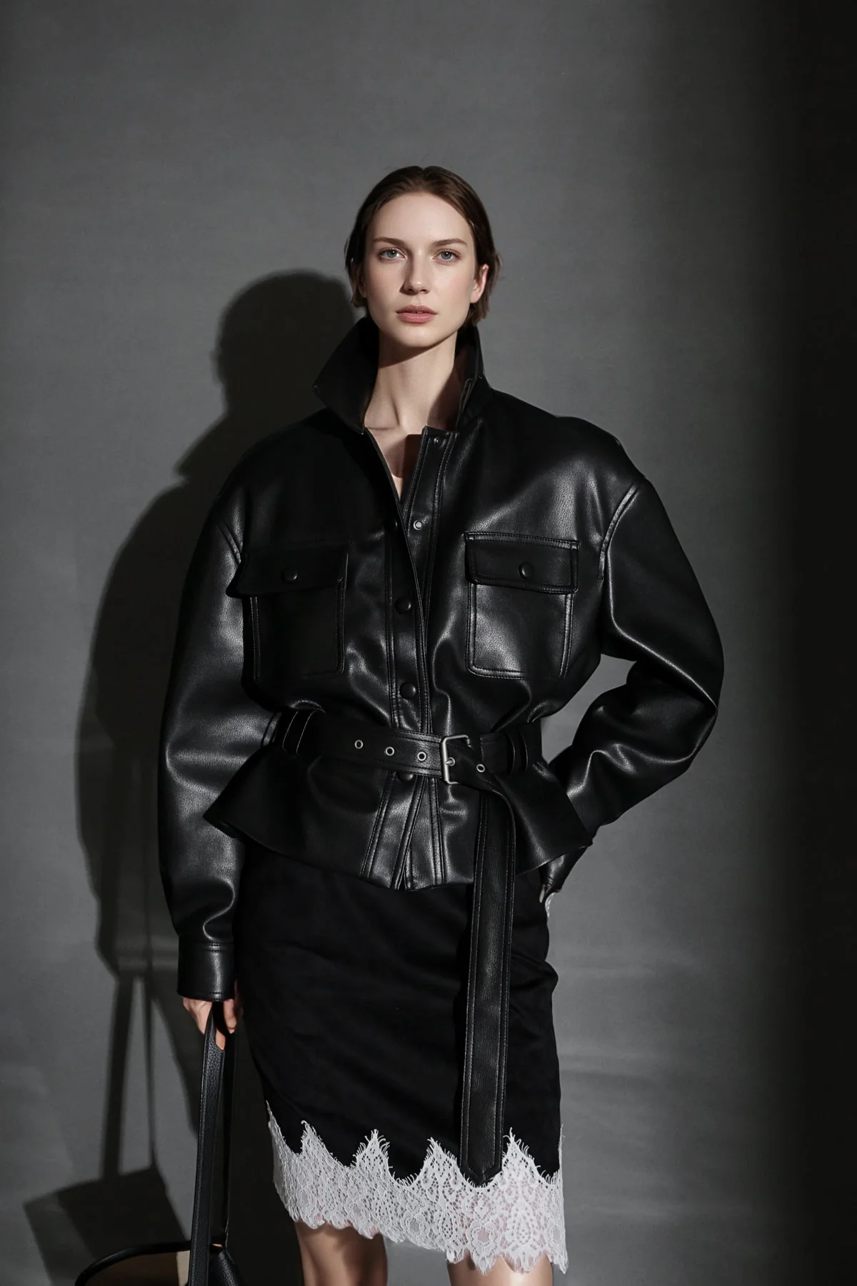 Women’s Cropped Sheepskin Leather Moto Jacket – High-End Belted Designer Biker Outerwear - Image 5