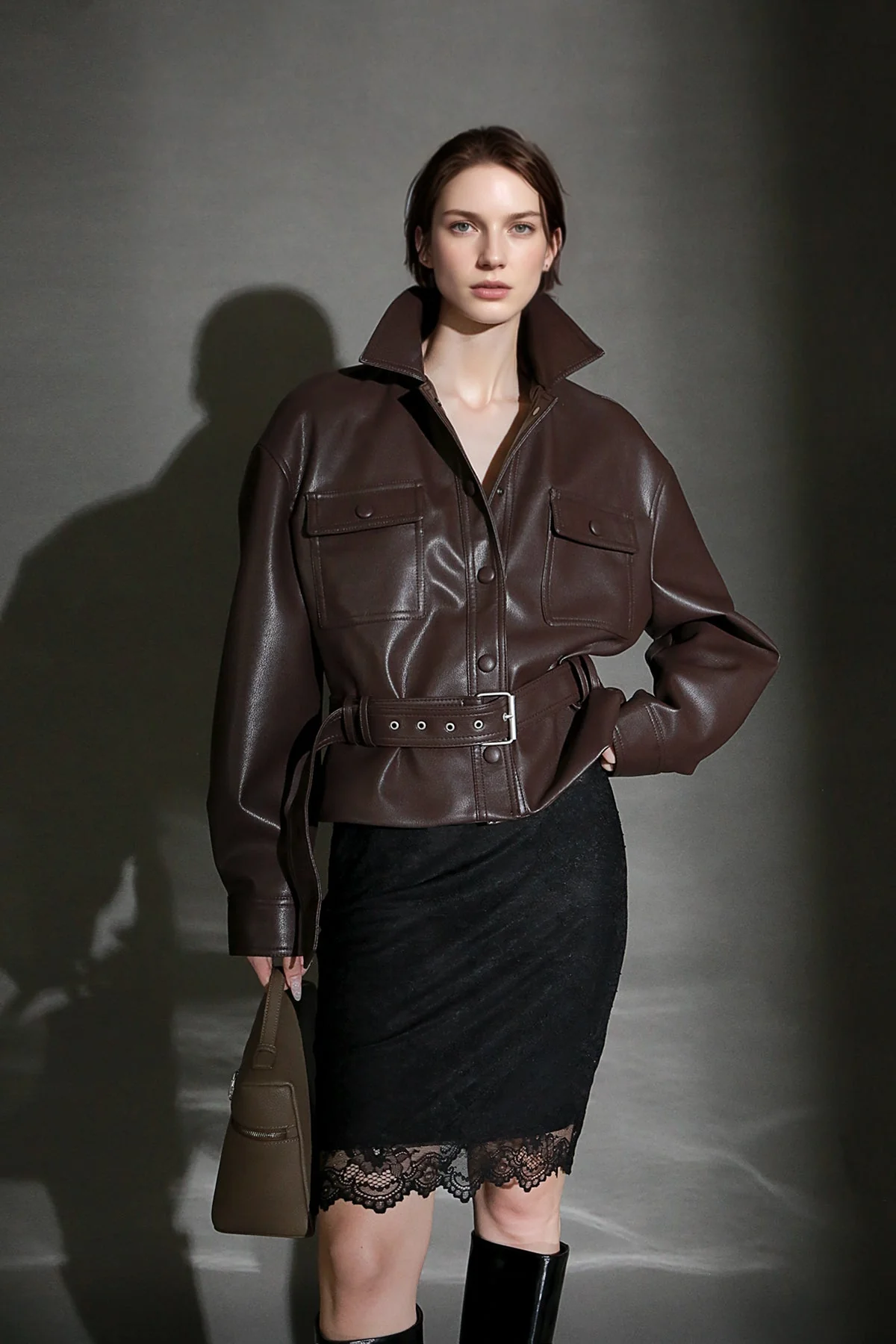 Women’s Cropped Sheepskin Leather Moto Jacket – High-End Belted Designer Biker Outerwear - Image 6