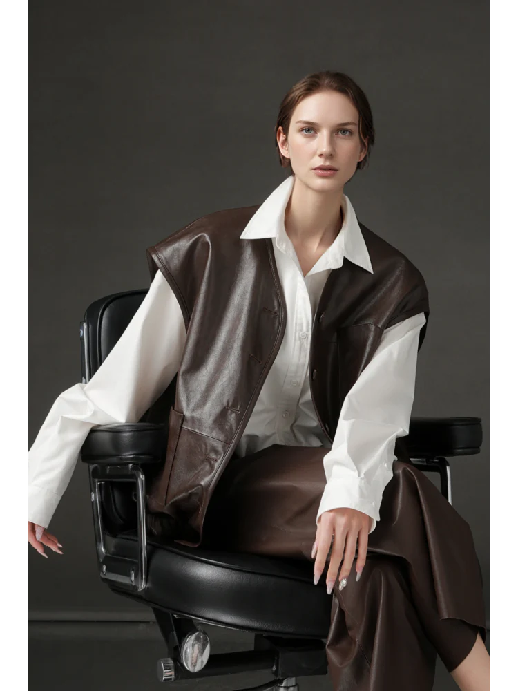 Women’s Sheepskin Leather Vest – Oversized Pocket Design Sleeveless Jacket, Versatile Chic Outerwear - Image 5