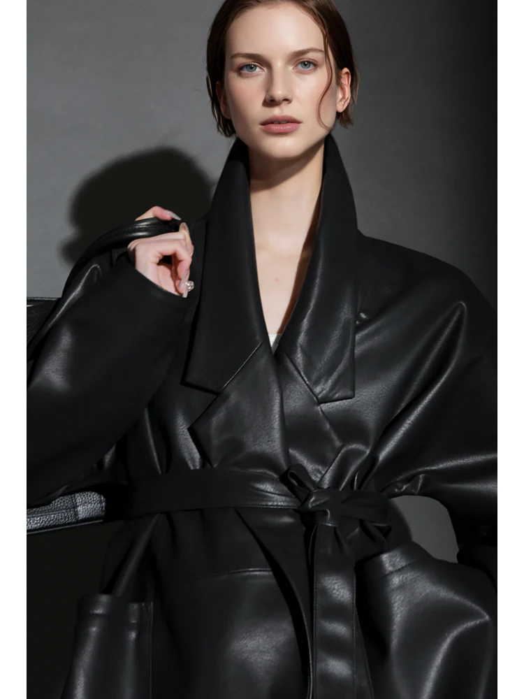 Women’s Short Leather Trench Coat – Tailored Waist Blazer Collar Lambskin Jacket for Fall - Image 3