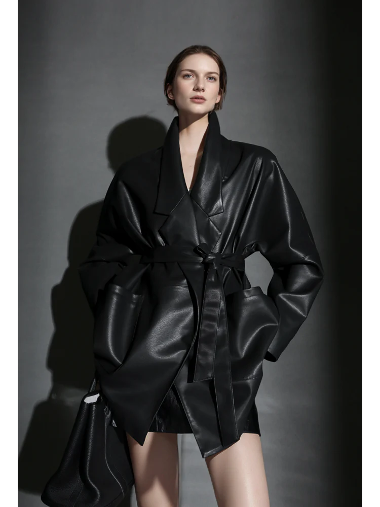 Women’s Short Leather Trench Coat – Tailored Waist Blazer Collar Lambskin Jacket for Fall - Image 5