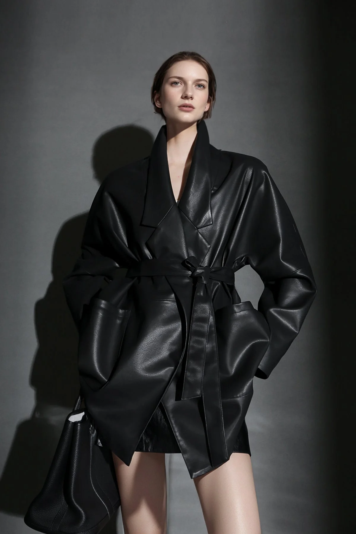 Women’s Short Leather Trench Coat – Tailored Waist Blazer Collar Lambskin Jacket for Fall - Image 6