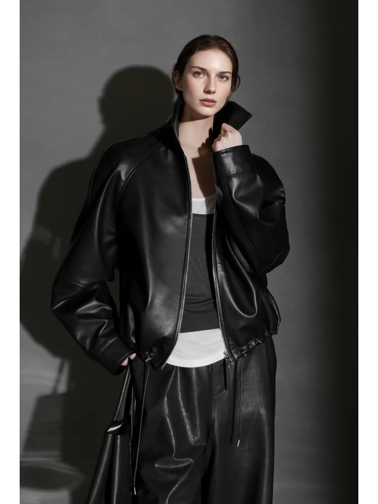 Women’s Short Moto Leather Jacket with Small Notch Collar and Cinched Hem – Spring/Fall Leather Biker Jacket - Image 3
