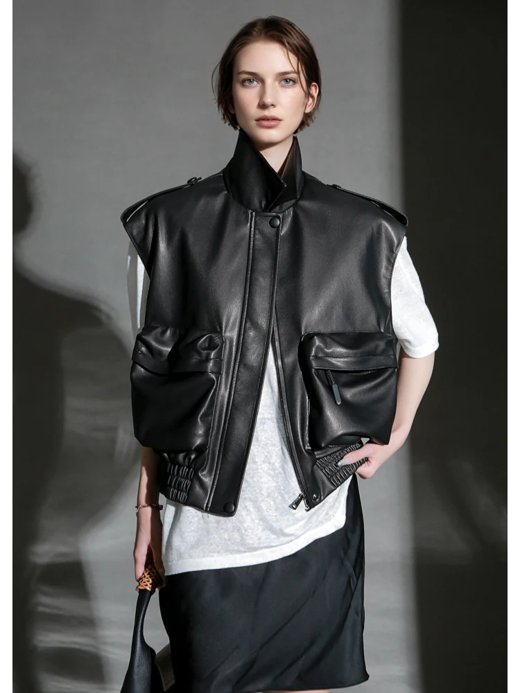 Women’s Short Sheepskin Leather Vest – Bubble Leather Design with Pockets, Notched Collar & Shoulder Strap Details - Image 2
