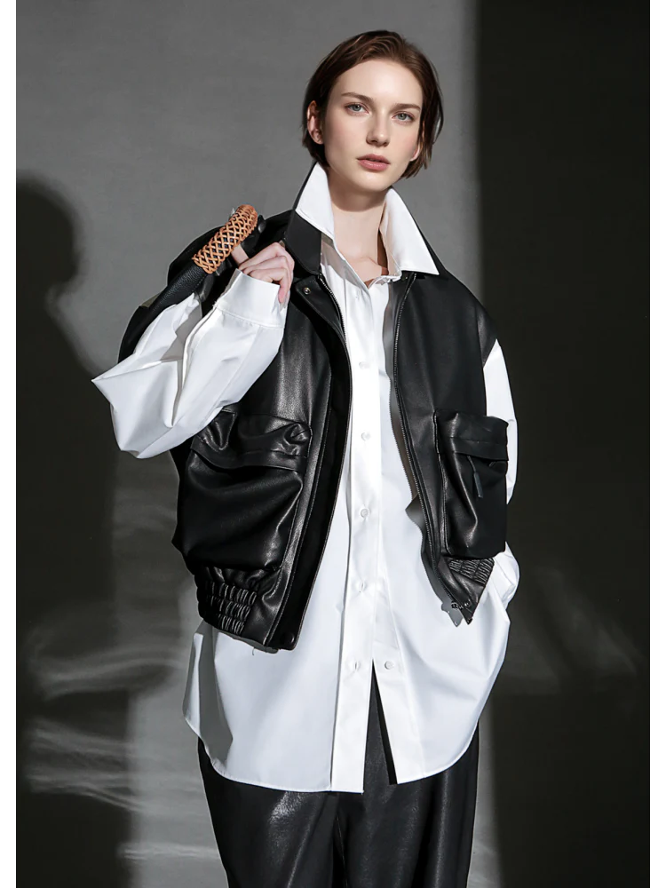 Women’s Short Sheepskin Leather Vest – Bubble Leather Design with Pockets, Notched Collar & Shoulder Strap Details - Image 3
