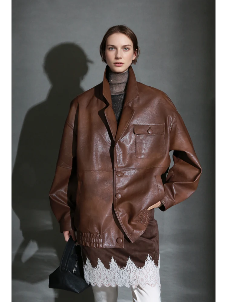 Women’s Vintage Waxed Sheepskin Leather Jacket – Distressed Blazer Collar Trendy Moto Outerwear