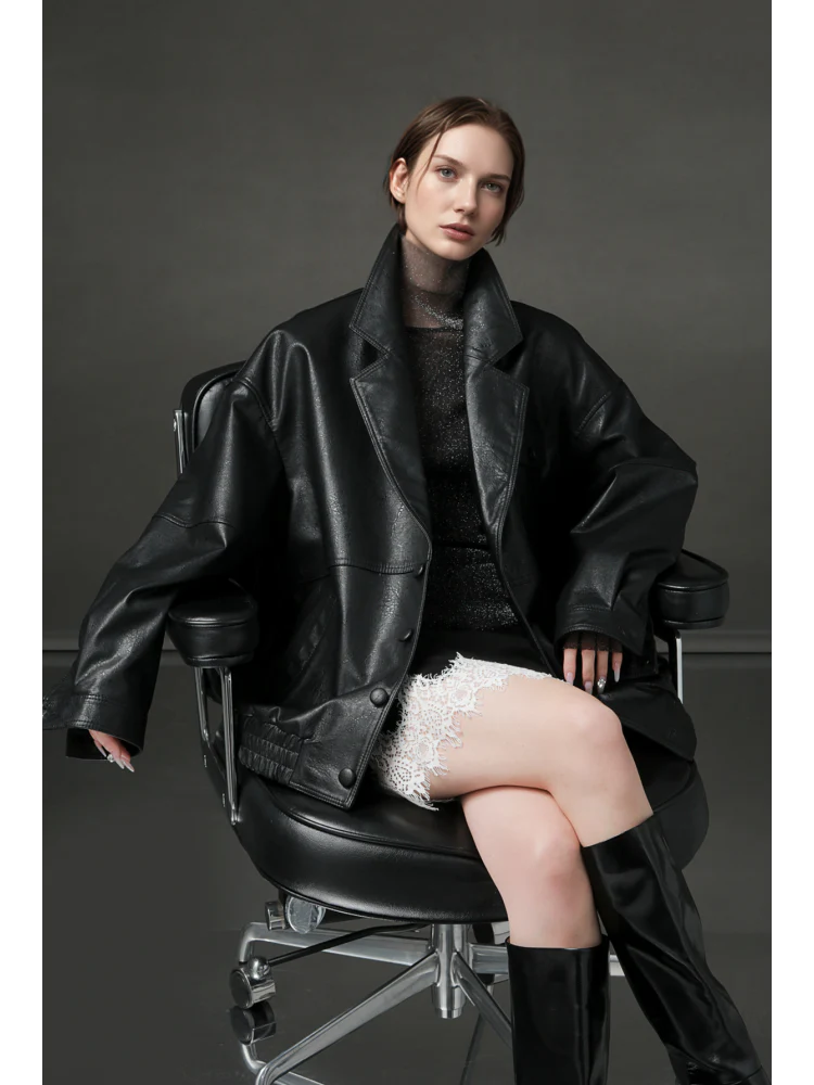 Women’s Vintage Waxed Sheepskin Leather Jacket – Distressed Blazer Collar Trendy Moto Outerwear - Image 3
