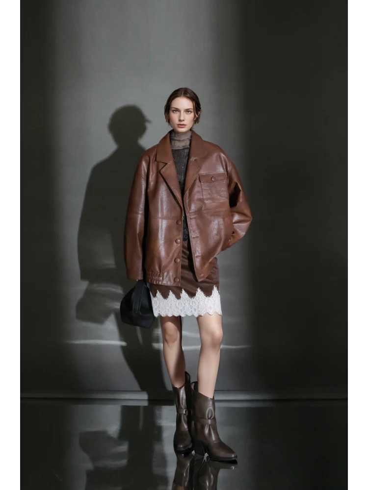 Women’s Vintage Waxed Sheepskin Leather Jacket – Distressed Blazer Collar Trendy Moto Outerwear - Image 4