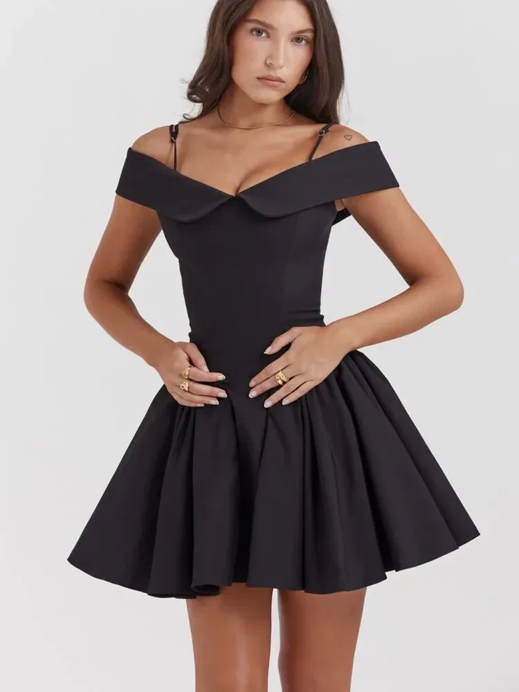 Women Sexy Black Off Shoulder Sling Mini Dress Elegant Sleeveless Pleated Slim Dresses Fashion Female Evenning Party Vestidos - Image 3