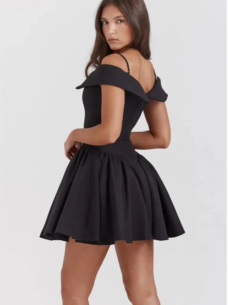 Women Sexy Black Off Shoulder Sling Mini Dress Elegant Sleeveless Pleated Slim Dresses Fashion Female Evenning Party Vestidos - Image 4