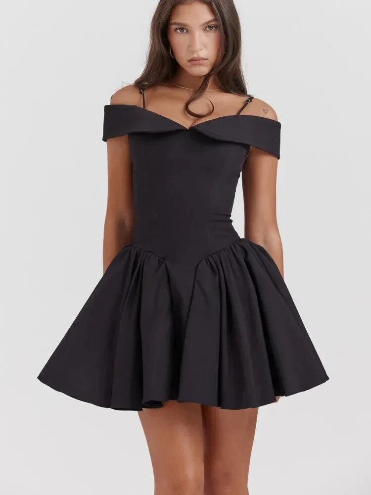 Women Sexy Black Off Shoulder Sling Mini Dress Elegant Sleeveless Pleated Slim Dresses Fashion Female Evenning Party Vestidos - Image 5