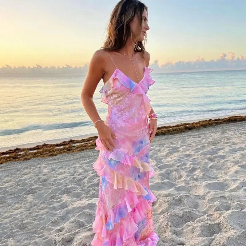 Women Sexy Ruffles Colorful Sling Dress Summer Spring Chic V Neck Sleeveless Long Beach Dresses Fashion Female Holiday Vestidos - Image 7