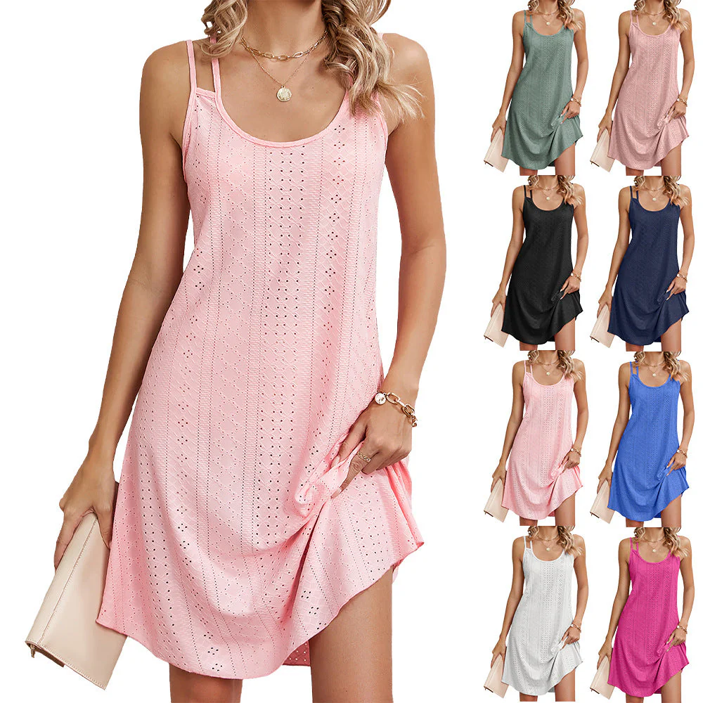 Women Solid Color Round Neck Strap Sleeveless Summer Dresses - Image 2