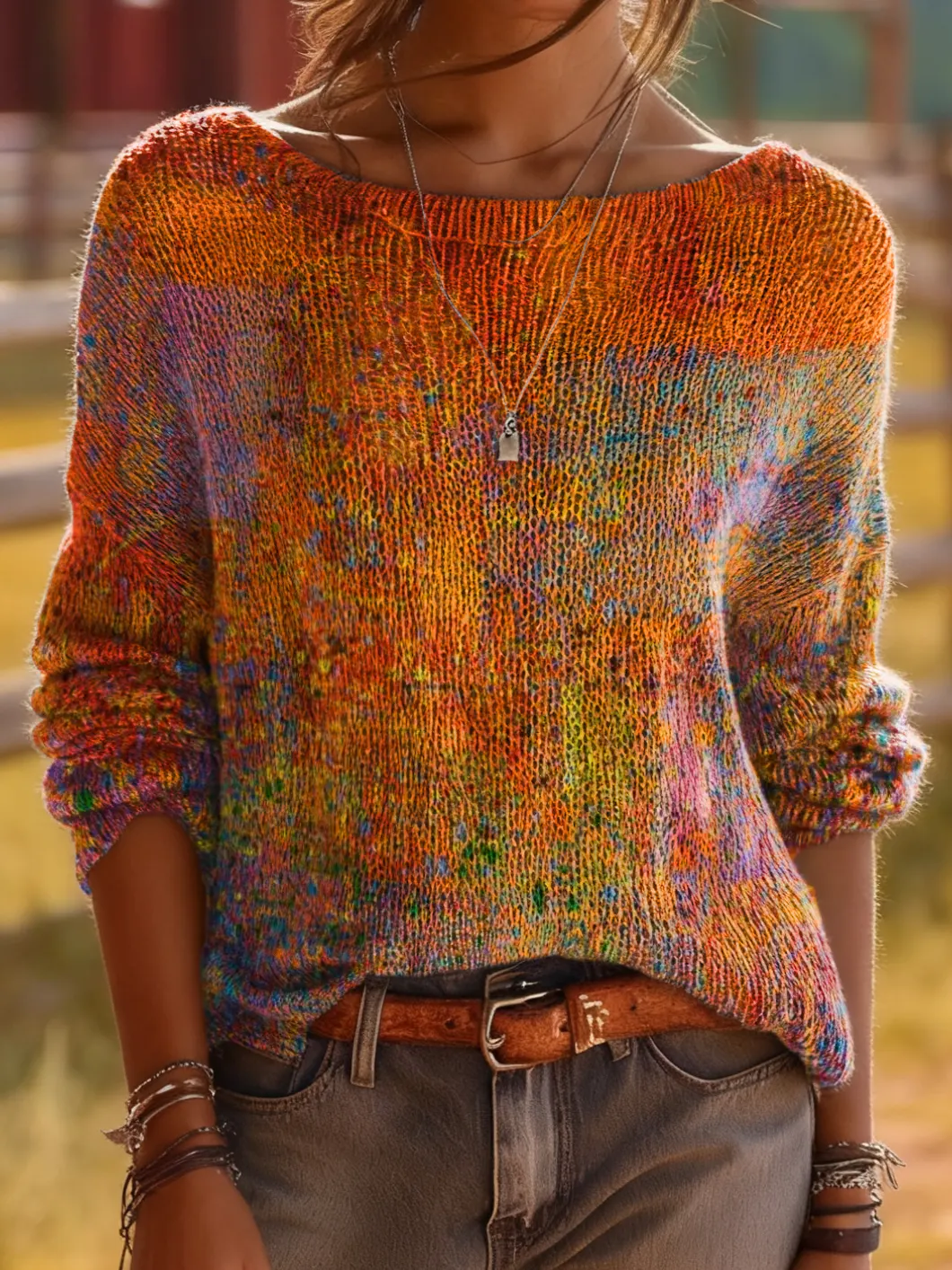 Women's Abstract Art Print Comfortable Crew Neck Knit Sweater