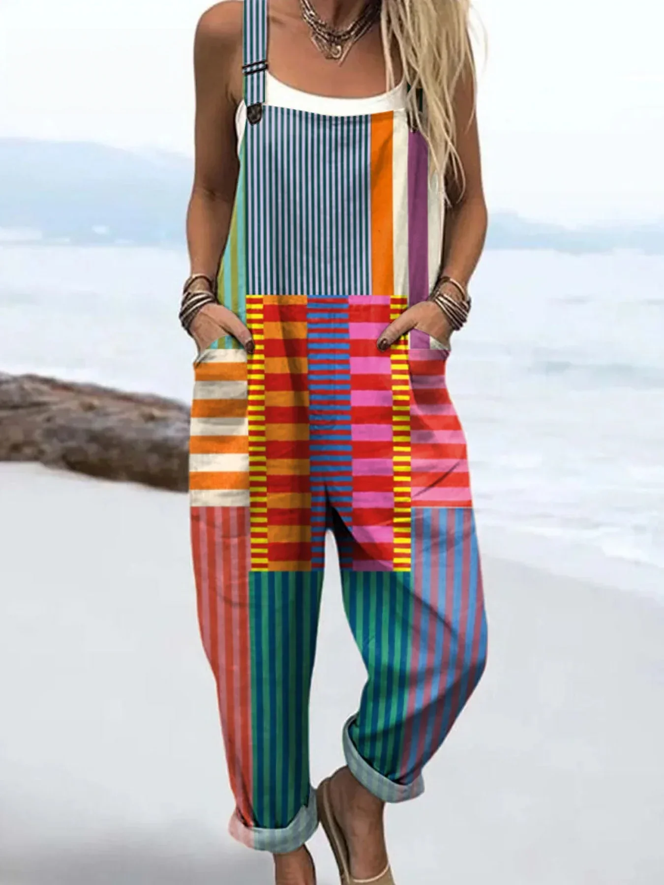 Women's Abstract Geometric Pattern Art Print Casual Cotton Linen Wide Leg Jumpsuit
