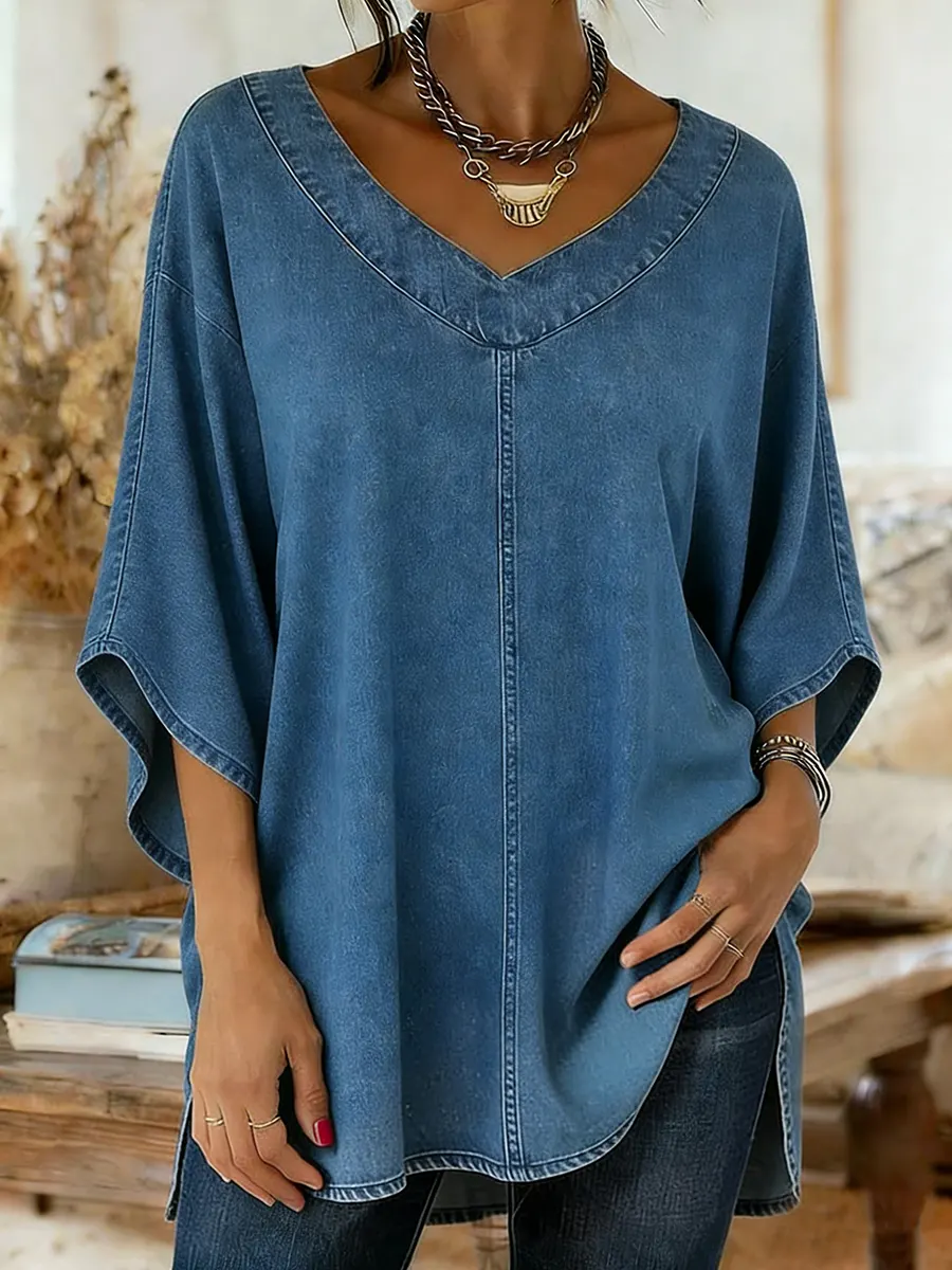 Women's Art Print Casual Washed Denim Cotton Top