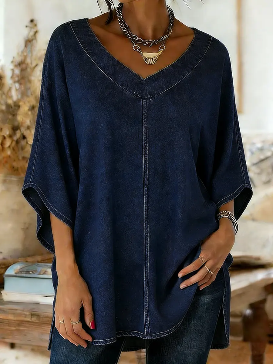 Women's Art Print Casual Washed Denim Cotton Top - Image 2