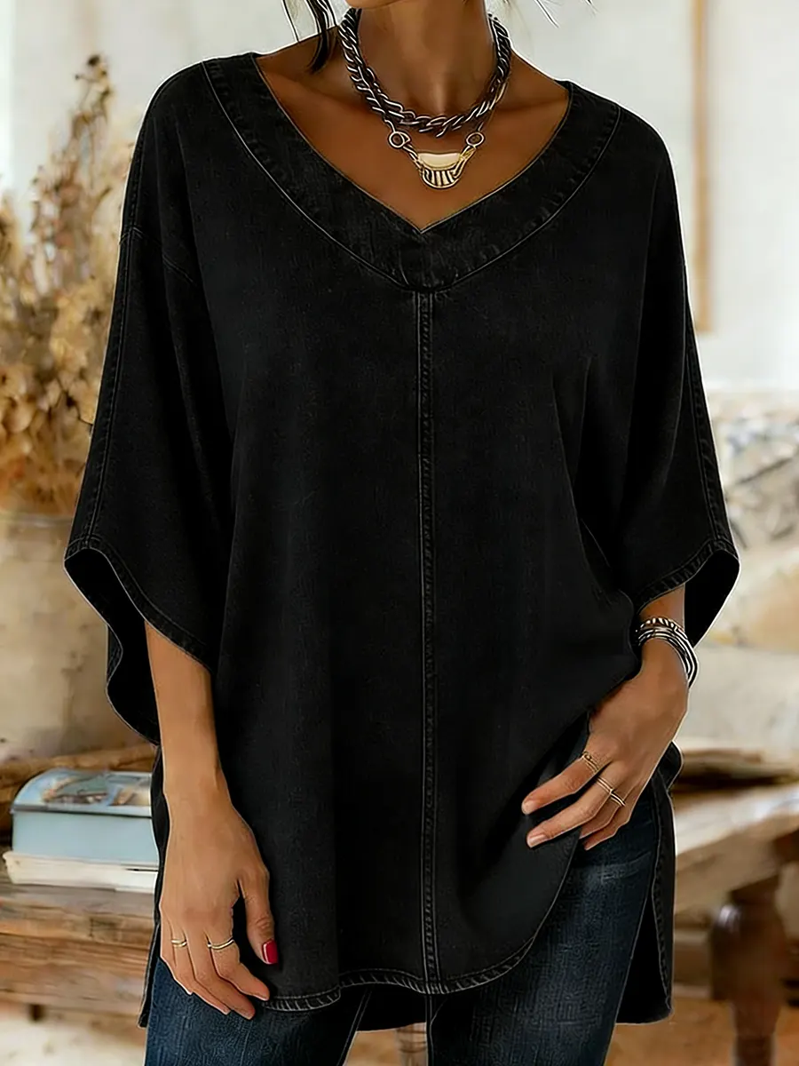 Women's Art Print Casual Washed Denim Cotton Top - Image 3