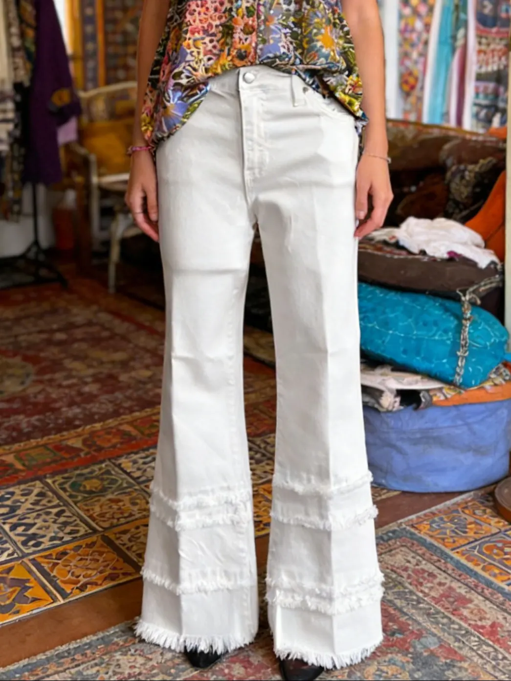 Women's Art Print Frayed Denim Jeans